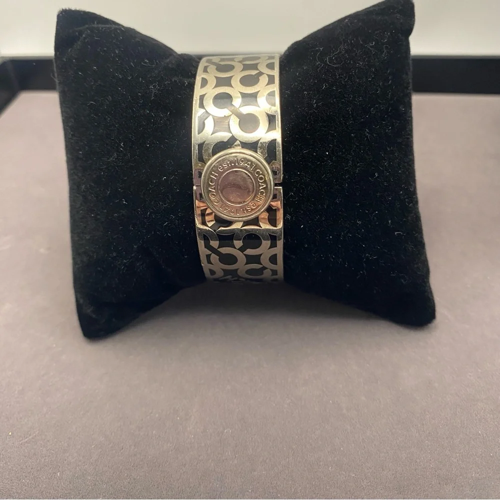 Coach Silver-Tone Black Logo Hinged Bangle Bracelet